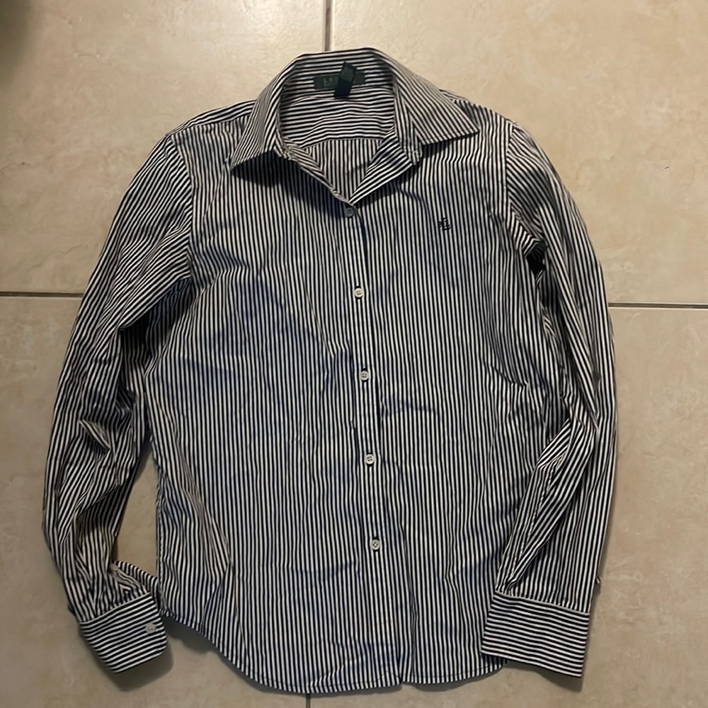 Ralph Lauren, Striped black and white long sleeve shirt. Size Small.